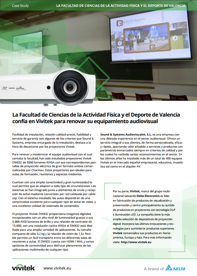 La Facultad de Ciencias de la Actividad Física y el Deporte de Valencia confía en Vivitek para renovar su equipamiento audiovisual